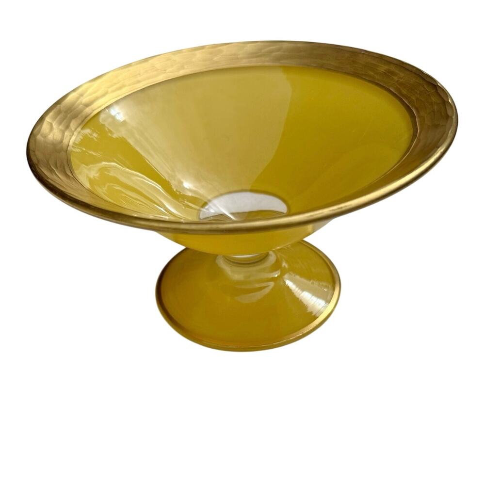 Vintage McKee Glass Canary Yellow Pedestal Compote Bowl, Gold Textured Rim
